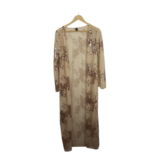 Windsor Mesh Sheer Sequin Floral Open Maxi Duster Kimono Gold Size S - Picture 3 of 9